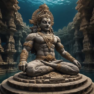 granite nataraja statue in underwater stone city of dwarka, ancient hindu architecture, hindu people, giant stadium, steampunk drones floating in air, very high resolution, telephoto,  masterpiece, highly defined, intricate, photorealistic, sharp, antialiased, 8k, 16k, high-res, ultrarealistic, artstation, dslr, absurdres