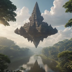 fantasy artwork of (spaceship made of stone floating in sky) over a cybertronic civilization, a massive grand temple towering over a jungle, river in background, angkor wat,  realistic, full shot, very high resolution, telephoto, masterpiece, highly defined, intricate, photorealistic, sharp, antialiased, 8k, 16k, high-res, ultrarealistic, artstation, dslr, absurdres