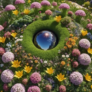 a giant planet made of flowers and grass floating the the universe, there is a garden with birds in it.  realistic, full shot, very high resolution, telephoto, masterpiece, highly defined, intricate, photorealistic, sharp, antialiased, 8k, 16k, high-res, ultrarealistic, artstation, dslr, absurdres, ultra fine details, by ansel adams,p3rfect boobs,close up,perfecteyes