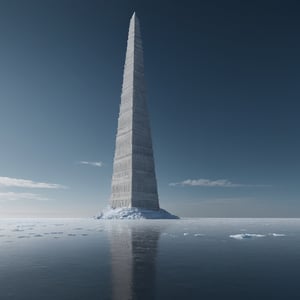 massive tower of babel made by ice standing in the unending expanse of sea, stabbing the sky like a spear, reaching out of earth's atmosphere to the moon, desolate, isolated, alone, emptiness, empty sky, loneliness, digital render, ultra fine details, octane render, photorealistic, ultra realistic, masterpiece, antialiased by Ansel adams