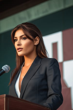 raw photo of revy, 20 years old, slim, natural saggy breasts, wearing business suit, earrings, makeup, delivering a speech on a podium, close up,
highly detailed face, long hair, close up, (slim waist), saggy breasts, areolae, crowd in background, rim light, specular reflections, Global illumination, photorealistic, ultra realistic, highly detailed, masterpiece, antialiased, sharp, 50 ISO, f/8, (black lagoon)
