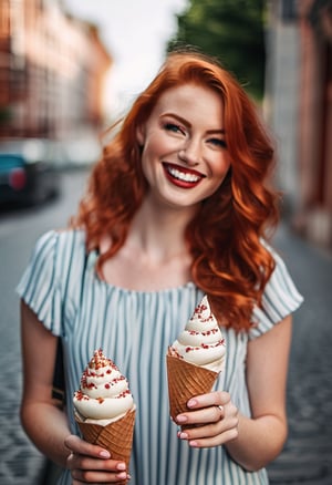 incredible redhead is on the streeet with really lovely smile holding icecream, realistic,  incredible face, detailed 
 almond shape eyes, mystical girl, lovely, medium hair moving with the air, intricate background, atmospheric view, nostalgic happiness, urban photo, people moving, depth field, she is the only one person in slow mo, heavy detailed environment, instaphoto, photo of the year,  atmospheric view,