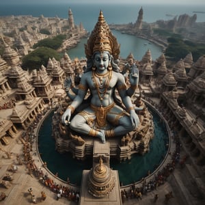 view from above of granite nataraja statue in underwater stone city of dwarka, criss crossing streets, giant stadium, steampunk drones floating in air,  hindu people, ancient hindu architecture, very high resolution, telephoto,  masterpiece, highly defined, intricate, photorealistic, sharp, antialiased, 8k, 16k, high-res, ultrarealistic, artstation, dslr, absurdres