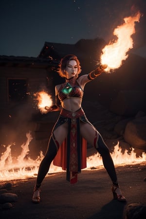 Masterpiece Quality, Fiery Essence: Pyra, with her Native American roots, is depicted in a powerful stance, flames dancing around her form. Her costume blends traditional patterns with modern, fire-resistant materials, and is highlighted with tones of ember red and sunset orange, symbolizing her pyrokinetic prowess.