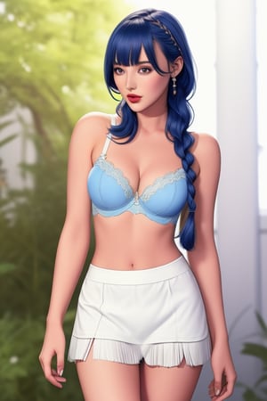 flapper blue bra and short skirt white underwear showing showing long hair braided. 
 