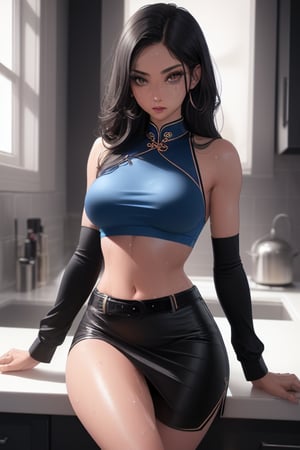 sitting on a kitchen counter african American asian woman, blue cheongsam, blue bra,
, Thigh High black Stockings black, black skirt, garder belt ,sitting down, long hair flowing down. ,photorealistic, wide hip, midriff, narrow waist, curvy waist, fit:1.2)), ((slim, skinny waist:1.3)), modern hairstyle, colour streaked hair, highlights, ((sweaty)), ((sexy poses:1.3)), ((wide hips)), ((huge pelvic)), masterpiece, best quality, realistic, ultra highres, depth of field, (hard dual colour lighting:1.4), (detailed face:1.2), (detailed eyes:1.2), (detailed background), (masterpiece:1.2), (ultra detailed), (best quality), intricate, comprehensive cinematic, magical photography, (gradients), colorful, detailed landscape, visual key, shiny skin, (nsfw:1.2)