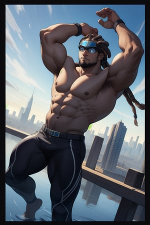 Masterpiece Quality, Skybound Majesty: Ascendant, an African-Asian hero, soars above the city skyline, his muscular form streamlined within a sleek suit adorned with eagle feather motifs. His face, framed by wind-swept dreadlocks and sharp goggles, exudes strong features etched with serene confidence. The artwork comes alive with a palette of deep blues and reflective silvers, illustrating his mastery of the skies.
