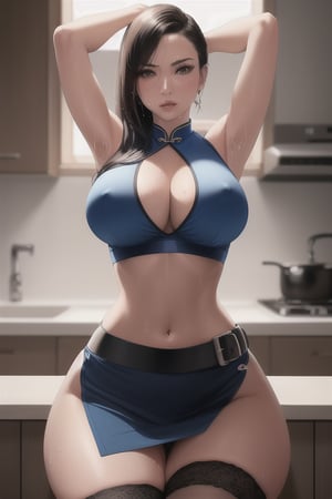 sitting on a kitchen counter african American asian woman, blue cheongsam, blue bra,
, Thigh High black Stockings black, black skirt, garder belt ,sitting down, long hair flowing down. ,photorealistic, large pelvic, wide hip, midriff, narrow waist, curvy waist, fit:1.2)), ((slim, skinny waist:1.3)), modern hairstyle, colour streaked hair, highlights, ((sweaty)), ((sexy poses:1.3)), ((wide hips)), ((huge pelvic)), masterpiece, best quality, realistic, ultra highres, depth of field, (hard dual colour lighting:1.4), (detailed face:1.2), (detailed eyes:1.2), (detailed background), (masterpiece:1.2), (ultra detailed), (best quality), intricate, comprehensive cinematic, magical photography, (gradients), colorful, detailed landscape, visual key, shiny skin, (nsfw:1.2)