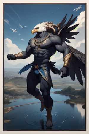 Masterpiece Quality, Skybound Majesty: Ascendant, an African-Asian hero, soars above the city skyline, his muscular form streamlined within a sleek suit adorned with eagle feather motifs. His face, framed by wind-swept dreadlocks and sharp goggles, exudes strong features etched with serene confidence. The artwork comes alive with a palette of deep blues and reflective silvers, illustrating his mastery of the skies.
