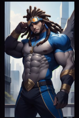 Masterpiece Quality, Vibrant Essence: Ascendant, an African-Asian hero, is poised dynamically against a city skyline, his muscular form encased in a sleek suit with eagle feather motifs. His face, framed by wind-swept dreadlocks and sharp goggles, is a blend of strong features and serene confidence. The artwork pops with a palette of deep blues and reflective silvers, capturing his readiness to conquer the skies.
