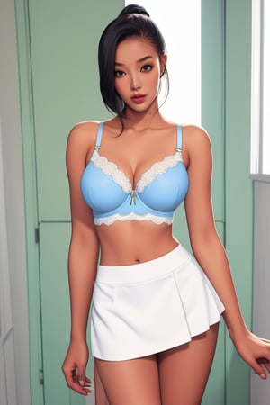 girl half african
 and asian blue bra and short skirt white panties showing
 