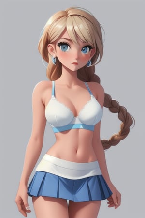 flapper blue bra and short skirt white underwear showing showing long hair braided. 
 