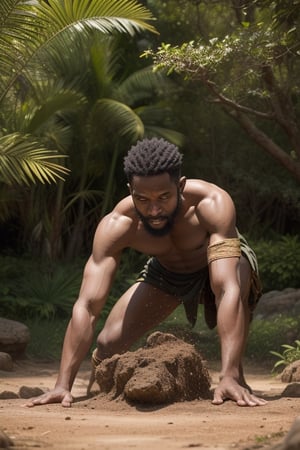 Masterpiece Quality, Earthen Might: Terrashaper, embodying his Kenyan ancestry, is shown with his hands to the ground, from which a surge of rock and soil rises, obeying his command. His costume echoes the textures of the savannah - robust and earth-toned, with hints of vibrant greens and browns. His presence is as solid and reassuring as the ground itself.
