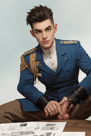 (young men) soldier, handsome, nude, muscle, full body, slick, edentulousness, porn, big dick, blue bright manly eyes, cold looking, dark thick straight eyebrows, straight edged nose, Faux Hawk Hairstyle, cuminside, highres, masterpiece, contour deepening, illustration,highly detail, military base area background,1boy,short hair,1man
