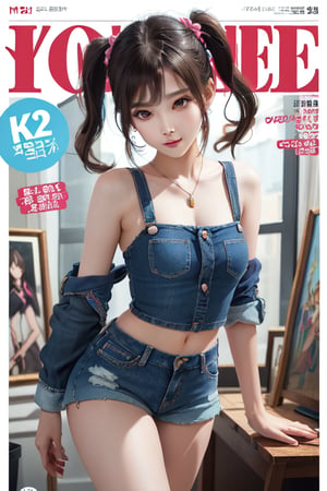 (midlength portrait), (masterpiece), (digital art), (hyper-detailed, anime, K-pop girl, magazine cover, model, beautiful girl, cute pigtails hairstyle, studio light, (2D), cartoon, imaginative, dynamic pose, modern fashion, jean shorts, cute face, oil painting style,Fechin