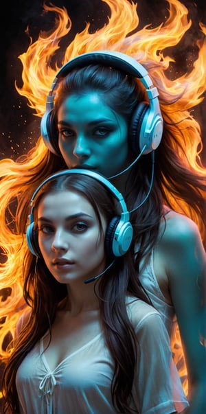Generate hyper realistic image of a creature girl and the girl wearing headphone the spectral depths, Its form is a ghostly fusion of beauty and horror, with ethereal flames dancing around its otherworldly silhouette. 