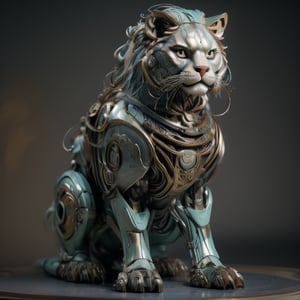 Robotic lion, half lion half robotic machine, realistic hyper-detail, masterpiece, unreal engine, masterpiece full body view, 2k