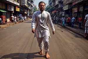 Leonardo DiCaprio, Wearing a white kurta pajama,expression::Happy ,mid closed eyes,Pose::Walking ,Lacation-Local mumbai street india,Afternoon time,Camera angle- Medium shot