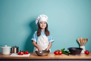 A young girl as a chefs of the kitchen,full body shot, model kitchen,Color of wall light blue,back side pose,Bird eye view shot,