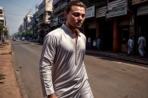 Leonardo DiCaprio, Wearing a white kurta pajama,expression::Happy ,mid closed eyes,Pose::Walking ,Lacation-Local mumbai street india,Afternoon time,Camera angle- Medium shot