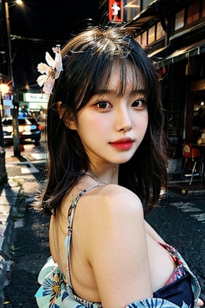  1girl, solo, pretty korean girl,  outdoor, (soulful eyes, radiant complexion, distinctive facial features), Bohemian chic, learge breast, fat butt,kimono, floral print, hair ornament, looking at viewer, hair flower, brown eyes, bangs, masterpiece, best quality, realistic 