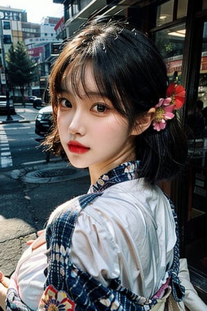  1girl, solo, pretty korean girl,  outdoor, (soulful eyes, radiant complexion, distinctive facial features), Bohemian chic, learge breast, fat butt,kimono, floral print, hair ornament, looking at viewer, hair flower, brown eyes, bangs, masterpiece, best quality, realistic 