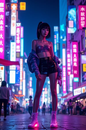 A highly detailed full-body shot of an Asian girl with short black hair tied into a sleek ponytail. She is wearing a futuristic miniskirt and edgy urban wear, complete with cyberpunk accessories like neon-lit boots and a sleek jacket. The scene is set in a vibrant, cyberpunk cityscape, where neon lights in vivid blues, purples, and pinks illuminate her outfit, reflecting off the shiny metallic textures. She stands confidently amidst towering skyscrapers, bustling streets, and glowing holographic billboards. The atmosphere is gritty yet colorful, with cinematic lighting and dramatic shadows. The overall style is a perfect fusion of anime and cyberpunk, visually striking with hyper-detailed elements, capturing the essence of the futuristic, tech-infused world around her.,ct-muun