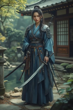 A full-body portrait of a Japanese female warrior wearing a traditional kimono with armor accents, in shades of blue and silver. She holds a katana with both hands, her stance poised and graceful, and her expression calm and confident. Her long, flowing hair is partially pulled back, adorned with small floral hairpins. She stands in a serene Japanese garden with a stone lantern and a small pond, with soft sunlight filtering through. Ultra-realistic, high resolution, soft lighting, fantasy style.

Midjourneyart 