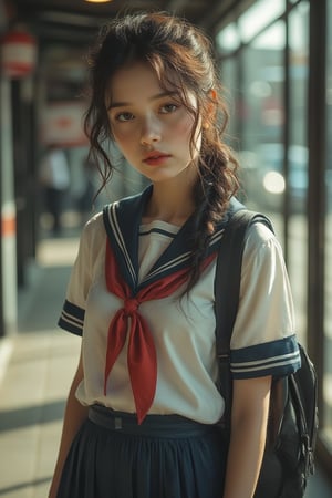 A full-body portrait of a Japanese school girl in a traditional sailor uniform with a white blouse, navy collar, and a red ribbon. She stands casually with her backpack slung over one shoulder, her free hand resting on her hip. Her expression is playful yet confident, with a slight smirk, giving her a cool, modern look. Soft daylight filters around her, enhancing her features. Photorealistic, 8K resolution, ultra-detailed.

Midjourneyart 