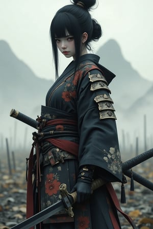 A full-body shot of a Japanese female warrior inspired by the legendary onna-bugeisha, wielding a long naginata with skill and grace. She is dressed in traditional armor with elements of Japanese design, including a sash and floral engravings. Her expression is powerful and focused, with a slight frown. Her black hair is styled in a practical bun, and she stands on a battlefield surrounded by mist, with faint mountains in the background. Photorealistic, highly detailed, epic lighting, 8K resolution.

Midjourneyart,ct-anitity,ct-katakrat