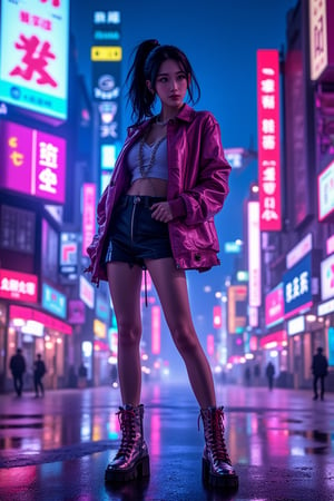 A highly detailed full-body shot of an Asian girl with short black hair tied into a sleek ponytail. She is wearing a futuristic miniskirt and edgy urban wear, complete with cyberpunk accessories like neon-lit boots and a sleek jacket. The scene is set in a vibrant, cyberpunk cityscape, where neon lights in vivid blues, purples, and pinks illuminate her outfit, reflecting off the shiny metallic textures. She stands confidently amidst towering skyscrapers, bustling streets, and glowing holographic billboards. The atmosphere is gritty yet colorful, with cinematic lighting and dramatic shadows. The overall style is a perfect fusion of anime and cyberpunk, visually striking with hyper-detailed elements, capturing the essence of the futuristic, tech-infused world around her.,ct-muun