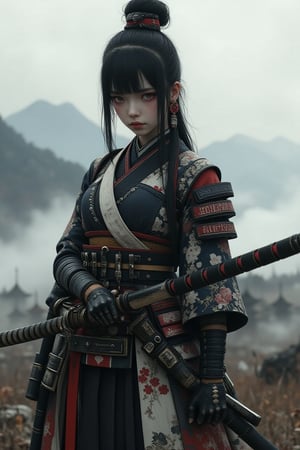 A full-body shot of a Japanese female warrior inspired by the legendary onna-bugeisha, wielding a long naginata with skill and grace. She is dressed in traditional armor with elements of Japanese design, including a sash and floral engravings. Her expression is powerful and focused, with a slight frown. Her black hair is styled in a practical bun, and she stands on a battlefield surrounded by mist, with faint mountains in the background. Photorealistic, highly detailed, epic lighting, 8K resolution.

Midjourneyart,ct-anitity,ct-katakrat