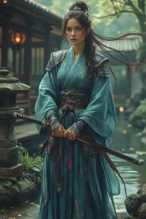 A full-body portrait of a Japanese female warrior wearing a traditional kimono with armor accents, in shades of blue and silver. She holds a katana with both hands, her stance poised and graceful, and her expression calm and confident. Her long, flowing hair is partially pulled back, adorned with small floral hairpins. She stands in a serene Japanese garden with a stone lantern and a small pond, with soft sunlight filtering through. Ultra-realistic, high resolution, soft lighting, fantasy style.

Midjourneyart 