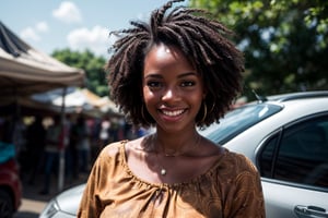 ((black woman)), ((black skin)), (detailed face:1.2), ,Best quality, masterpiece,smiling, ultra high res, (photorealistic:1.2), (best quality)), ((masterpiece)), a happy ghanaian woman, small business woman wearing a blouse in an ghanaian market
, splashes, colour leaks, water streaks,  short dark hair, car parts, sweet expression realistic, photorealistic, decently dressed, full image, full body 
hyper realistic camera glare, film grains, uhd 8k raw, filmic lights, filmic colors, bokeh camera blur, Realism, 