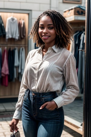 ((best quality)), ((masterpiece)), a happy african woman, small business woman wearing a blouse in her accessory shop shop, splashes, colour leaks, water streaks,  short dark hair, car parts, sweet expression realistic, photorealistic, decently dressed, full image, full body 
hyper realistic camera glare, film grains, uhd 8k raw, filmic lights, filmic colors, bokeh camera blur, Realism, 