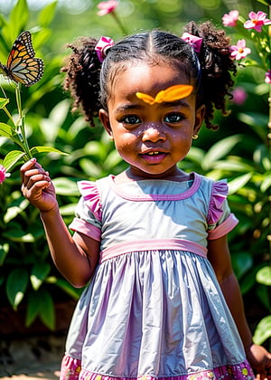 african cute baby girl playing in a field, portrait, baby fat face in good proportion, straight nose, slightly opened mouth,  short hair with ponytail, full body, standing in the floral launch, looking at butterflies in the air, cheerful, head to body ratio is exaggerated 1:1, movie lighting, dim, depth of field, blurred background,3d style,3DMM