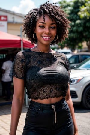  ((black woman)), ((black skin)), (detailed face:1.2), ,Best quality, masterpiece,smiling, ultra high res, (photorealistic:1.2), (best quality)), ((masterpiece)), a happy ghanaian woman, small business woman wearing a blouse in an ghanaian market
, splashes, colour leaks, water streaks,  short dark hair, car parts, sweet expression realistic, photorealistic, decently dressed, full image, full body 
hyper realistic camera glare, film grains, uhd 8k raw, filmic lights, filmic colors, bokeh camera blur, Realism, naked