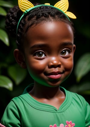 african 3yo cute baby girl, portrait, baby fat face in good proportion, detailed green eyes, straight nose, slightly opened mouth,  short hair with ponytail, full body, standing in the floral launch, looking at butterflies in the air, cheerful, head to body ratio is exaggerated 1:1, movie lighting, dim, depth of field, blurred background,3d style,3DMM