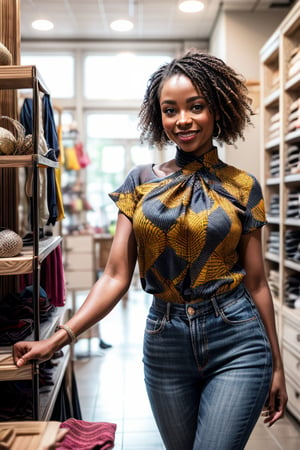 ((best quality)), ((masterpiece)), a happy african woman, small business woman wearing a blouse in her accessory shop shop, splashes, colour leaks, water streaks,  short dark hair, car parts, sweet expression realistic, photorealistic, decently dressed, full image, full body 
hyper realistic camera glare, film grains, uhd 8k raw, filmic lights, filmic colors, bokeh camera blur, Realism, 