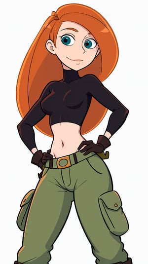 kim possible, long hair, black turtleneck, navel, gloves, cargo pants, utility belt, cowboy shot, white background