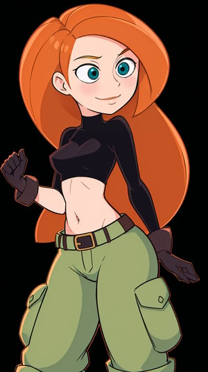 kim possible, long hair, black turtleneck, navel, gloves, cargo pants, utility belt, cowboy shot, white background