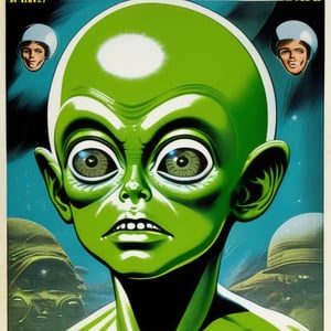 1960s comic of  a boys face overlaying with alien face, poster art