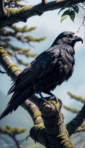 Perched atop a gnarled tree branch, a majestic raven with sleek, ebony feathers gazes intently at the world below. Wise and mysterious, the raven carries a timeless tale about a good little boy in its keen eyes