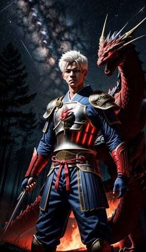 Masterpiece, full shot, a white hair boy, with glowing red eyes, wearing blue Japanese warrior armor, small lighting bolt sphere on his right hand, ready to shot, the right hand is up in front of his enemy, cinematic shot, cinematic lighting, a red dragon with a blue strip on its body, forest on fire as the background, milkyway light in the sky