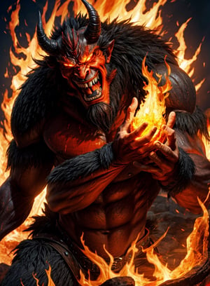 a giant demon smiles with fire on his hand
