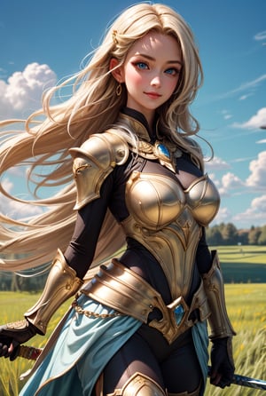 ultra high res, (photorealistic), 16k, UHD, DSLR, soft lighting, intricate details, best quality, film grain, Fujifilm XT3, (best quality), [[realistic]], low angle shot, full shot of a girl with a shimmering golden aura wears a suit of armor made of gold while holding a gracefully curved longsword with intricate details on its blade and hilt. Her long blonde hair flows in the wind, her blue eyes pierce with a cold smile, she wears gloves made of golden chains, head to toe, no makeup, detailed face, detailed eyes, bright blue eyes, lovely symmetrical face, an expansive field of grass with a vast blue sky and clouds in the sky, blurred_background, Detailedface,Circle