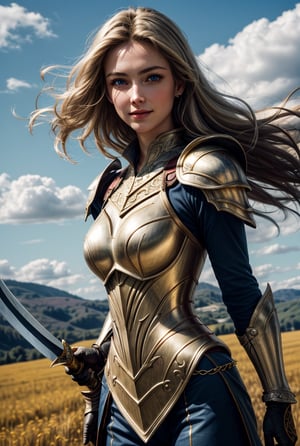 ultra high res, (photorealistic), 16k, UHD, DSLR, soft lighting, intricate details, best quality, film grain, Fujifilm XT3, (best quality), [[realistic]], low angle shot, full shot of a girl with a shimmering golden aura wears a suit of armor made of gold while holding a gracefully curved longsword with intricate details on its blade and hilt. Her long blonde hair flows in the wind, her blue eyes pierce with a cold smile, she wears gloves made of golden chains, head to toe, no makeup, detailed face, detailed eyes, bright blue eyes, lovely symmetrical face, an expansive field of grass with a vast blue sky and clouds in the sky, blurred_background, Detailedface,Circle