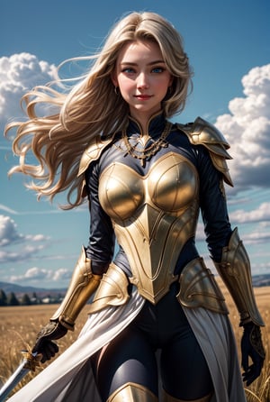 ultra high res, (photorealistic), 16k, UHD, DSLR, soft lighting, intricate details, best quality, film grain, Fujifilm XT3, (best quality), [[realistic]], low angle shot, full shot of a girl with a shimmering golden aura wears a suit of armor made of gold while holding a gracefully curved longsword with intricate details on its blade and hilt. Her long blonde hair flows in the wind, her blue eyes pierce with a cold smile, she wears gloves made of golden chains, head to toe, no makeup, detailed face, detailed eyes, bright blue eyes, lovely symmetrical face, an expansive field of grass with a vast blue sky and clouds in the sky, blurred_background, Detailedface,Circle