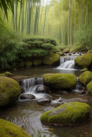 best quality, ultra high res, (photorealistic), (high detailed skin, detailed eyes:1.1), 16k, UHD, DSLR, soft lighting, intricate details, best quality, film grain, Fujifilm XT3, (best quality), [[realistic]], rain in the forest, a single drop of water is falling from bamboo to the surface of a stone and make a concave, wet stone, Japanese garden as the background, blurred_background