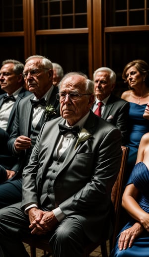 hyperrealistic photo, a grumpy old man sitting alone at the wedding party, a sad facial expression, night